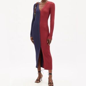 STAUD‎ Shoko Buttoned Ribbed Knit Midi Dress Burgundy Navy Colorblock Large EUC